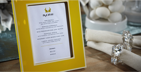 menu  Offer your guests a hint of the unexpected by displaying your fare offerings in a stylish manor. Decorative photo frame, such as our Concerto frame, make for a chic menu presentation while adding an additional layer of decorative decor to the tablescape. Download the menu template